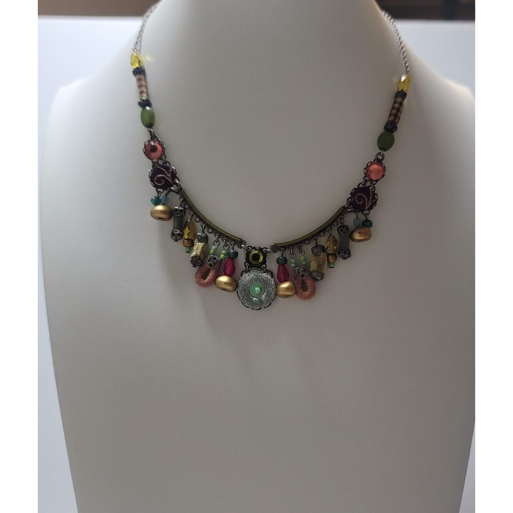 Ayala Bar Mixed Media Beaded Bib Necklace Boho Crystal Fabric Multi Color Chic